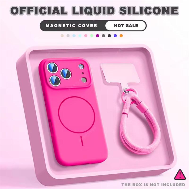 Magnetic Wrist Strap Liquid Silicone Phone Case For iPhone 12 13 16 17 Pro Max Air 15 14 16 Plus 16E Magsafe Lanyard Cover