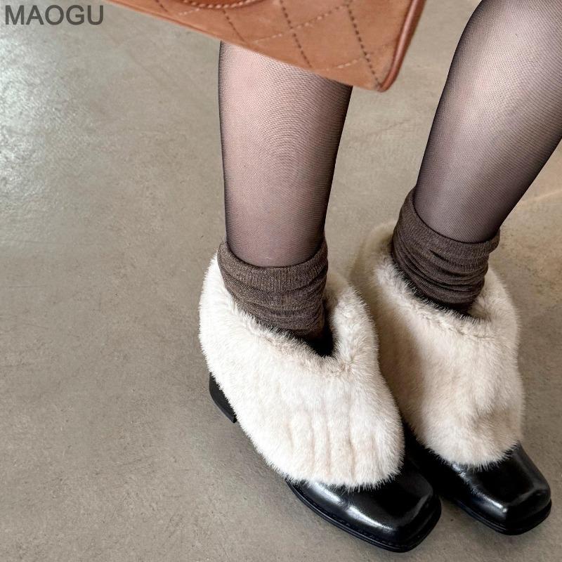 Chunky Heel Square Toe Furry Short Boots French Style Fur Lined Winter Warm Shoes Slip on Booties Elegant Botas Mujer Size 35-40