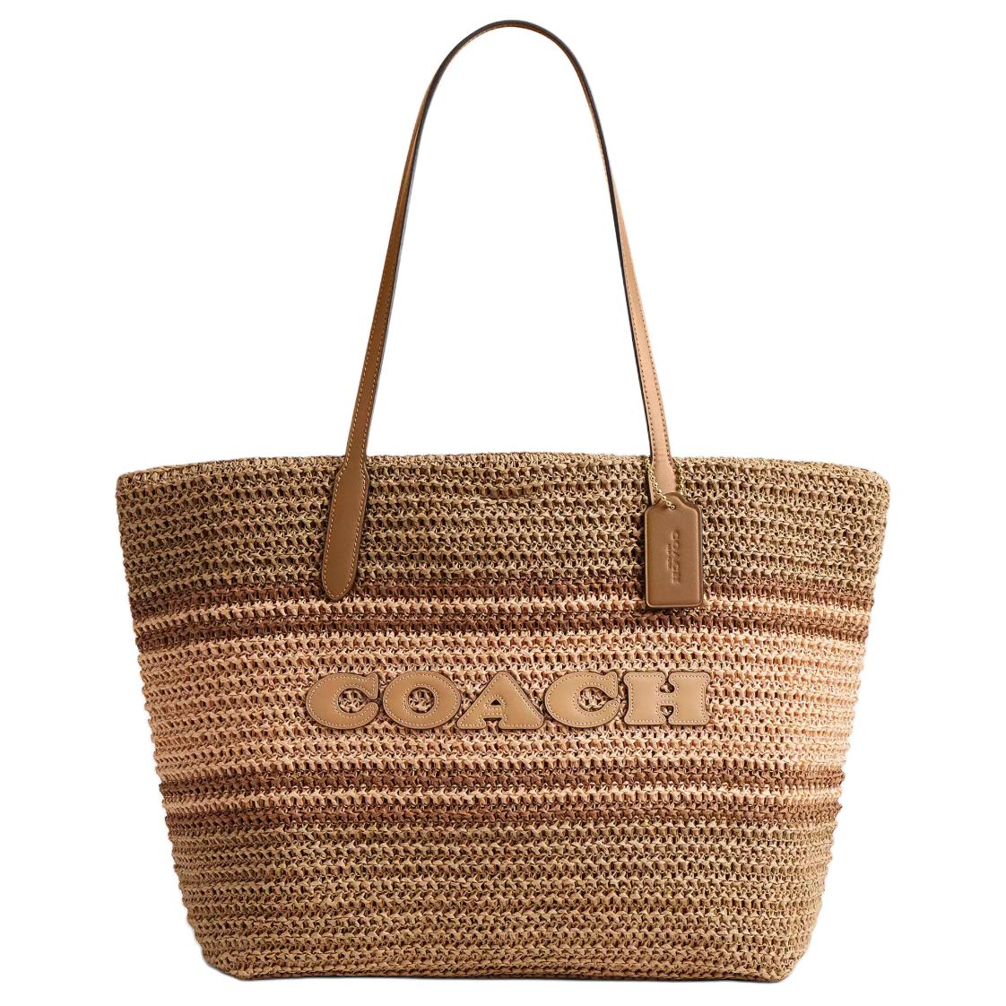 Coach Women's Brown City 33 Brand Logo Woven Design Straw And Smooth Leather Tote Shopping Bag Tote Cbg87-Imxj7