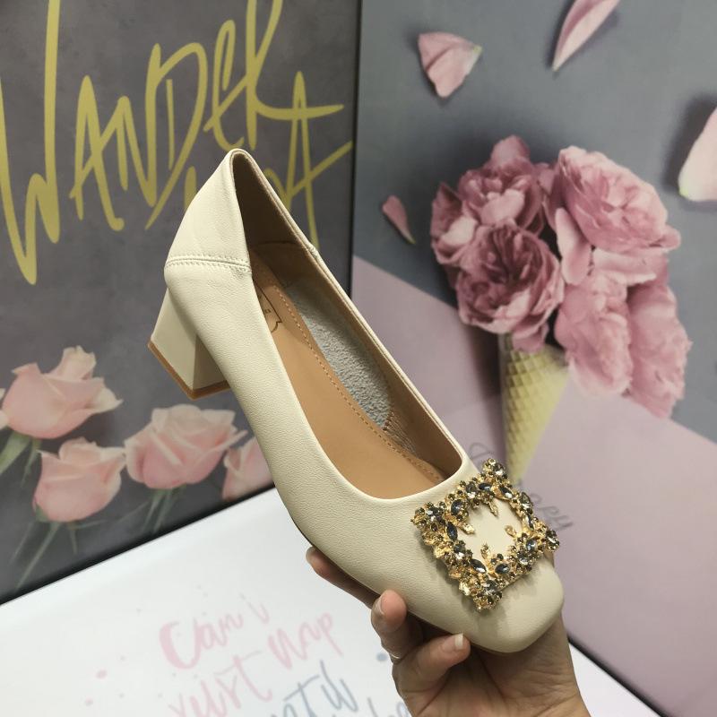 Leather square head shallow mouth spring 5 cm high heels French new versatile professional mother women's shoes temperament single shoes