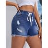 Drawstring Waist Denim Shorts For Women High Waist Stretch Ripped Hole Jeans Short Pants With Tassel