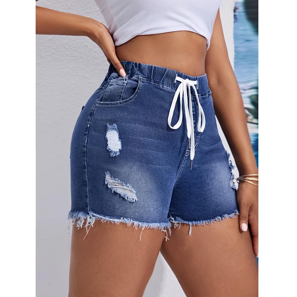Pantaloni scurți din denim cu talie cu șnur pentru femei, cu talie înaltă, blugi rupti, pantaloni scurti, cu ciucuri