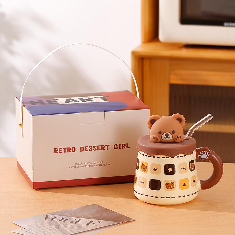 Ceramic Cup Souvenir Mug with Lid Spoon Creative Cute High Value Couple Coffee Water Cup