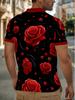 Men's Polyester Polo Shirt with Red Rose Pattern, Lightweight and Durable, Suitable for Casual Wear at Home, in the Office, or at Restaurants.