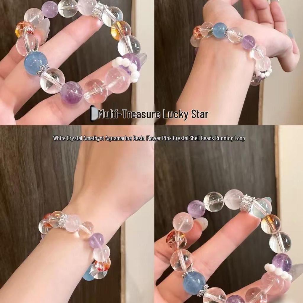 Bracelet Original Perles Quartz Rose, Aigue-Marine et Améthyste au Design Simple