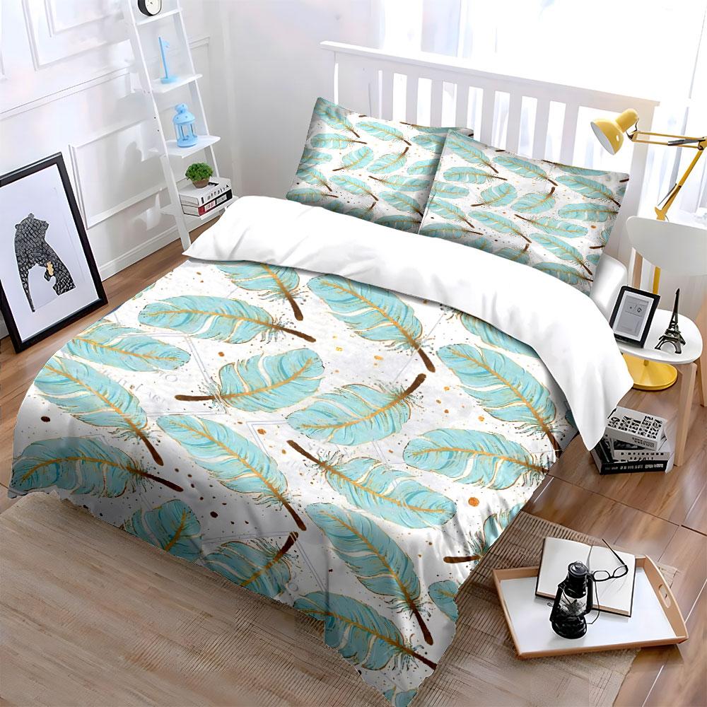 Light Blue Feather Print Bedding Bedding Duvet Cover Set Duvet Cover Pillowcases  (1 * Duvet Cover 2 * Pillowcases, without duvet insert)