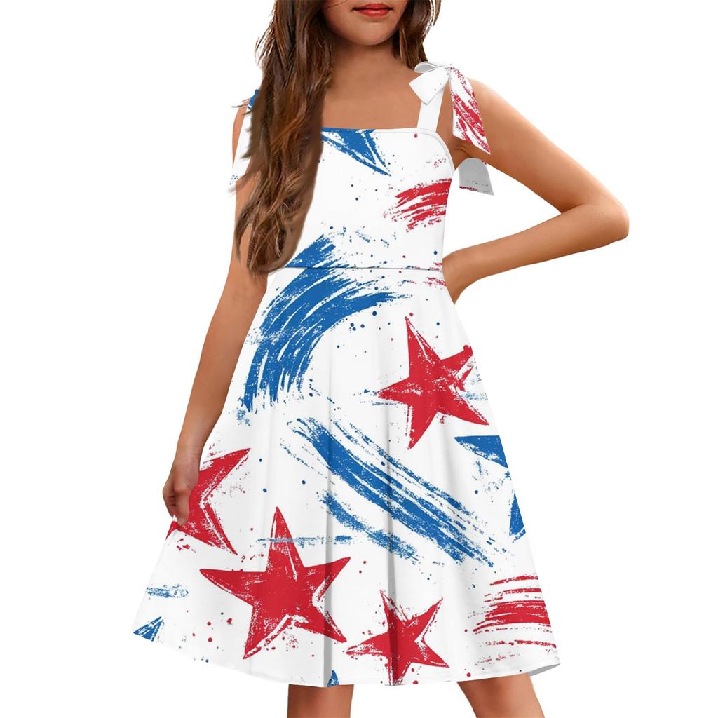 Children's Jumpsuit Cuffless Pocket Square Neck Casual Independence Day Print Dress