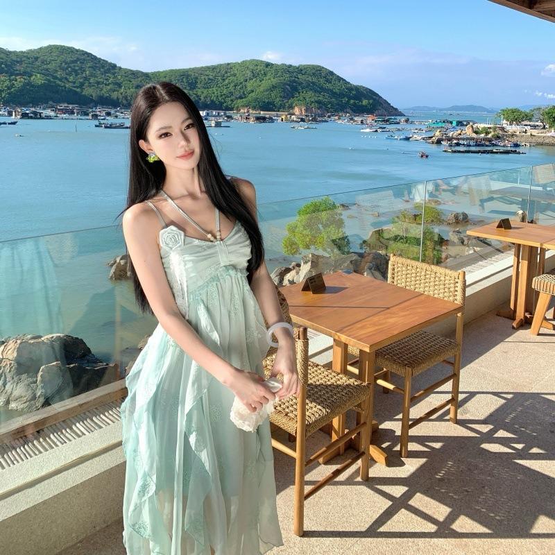 Seaside Photo Suspender Dress Women's Vacation Temperament Long Dress Hanging Neck Lotus Leaf Edge Mint Green Suspender Skirt