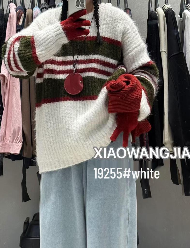 Xiao Wangs Winter Koreanischer Stil Übergröße Lässiger Colorblock Gestreifter Pullover