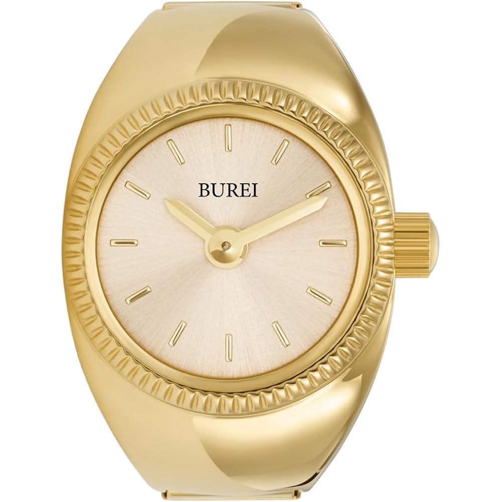 BUREI Women s Analog Quartz Ring Watch Waterproof Gold Simple Stylish Mini Ring Clock with Elastic Stainless Steel Band