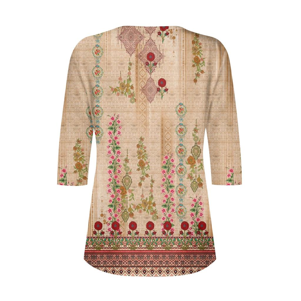 Women's Fashion Casual Long 3/4 Sleeve Flower Buttons Print U-Neck Pullover Top Blouse