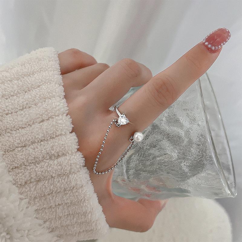 Pearl Love Zircon Open Ring Light Luxury Niche Xiaohongshu Fringed Chain Index Finger Ring