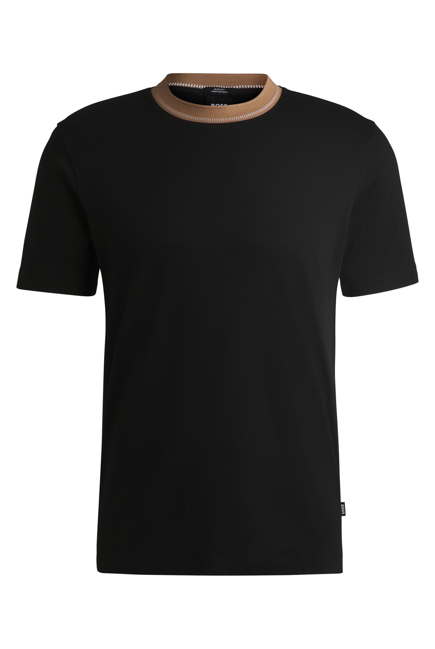 

BOSS Футболка мужская приталенная из мерсеризованного хлопка средней плотности с черным полосатым вырезом, чёрный