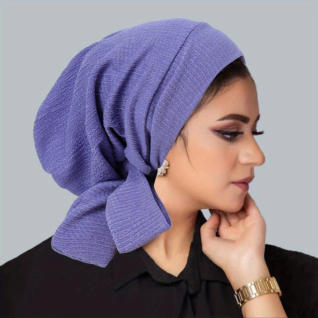 Women's Polyester Knit Beanie with Wave Pattern and Long Tail - Elastic Fit, No Feathers, Chemotherapy Headscarf Hat