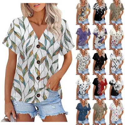 Women's Fashion Short-sleeved V-neck Floral Print Top Casual Button Up T-shirt