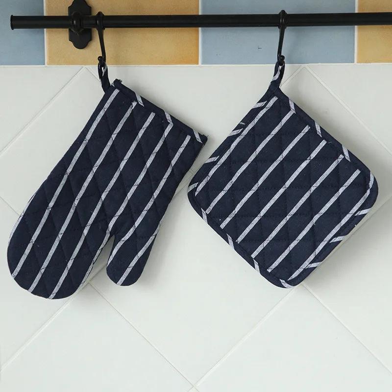 1Pc Striped Cotton Microwave Oven Gloves Insulation Pad Table Mat Sleeve Set Heat Resistant Mitts Baking Cooking Tool