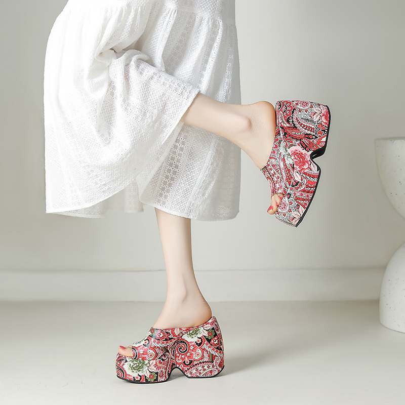 Krazing Pot Mules Polyurethane Spring Summer Size 43 Size 42 Summer Prints Skin Women Platform Women Peep Toe Slip On Sandals