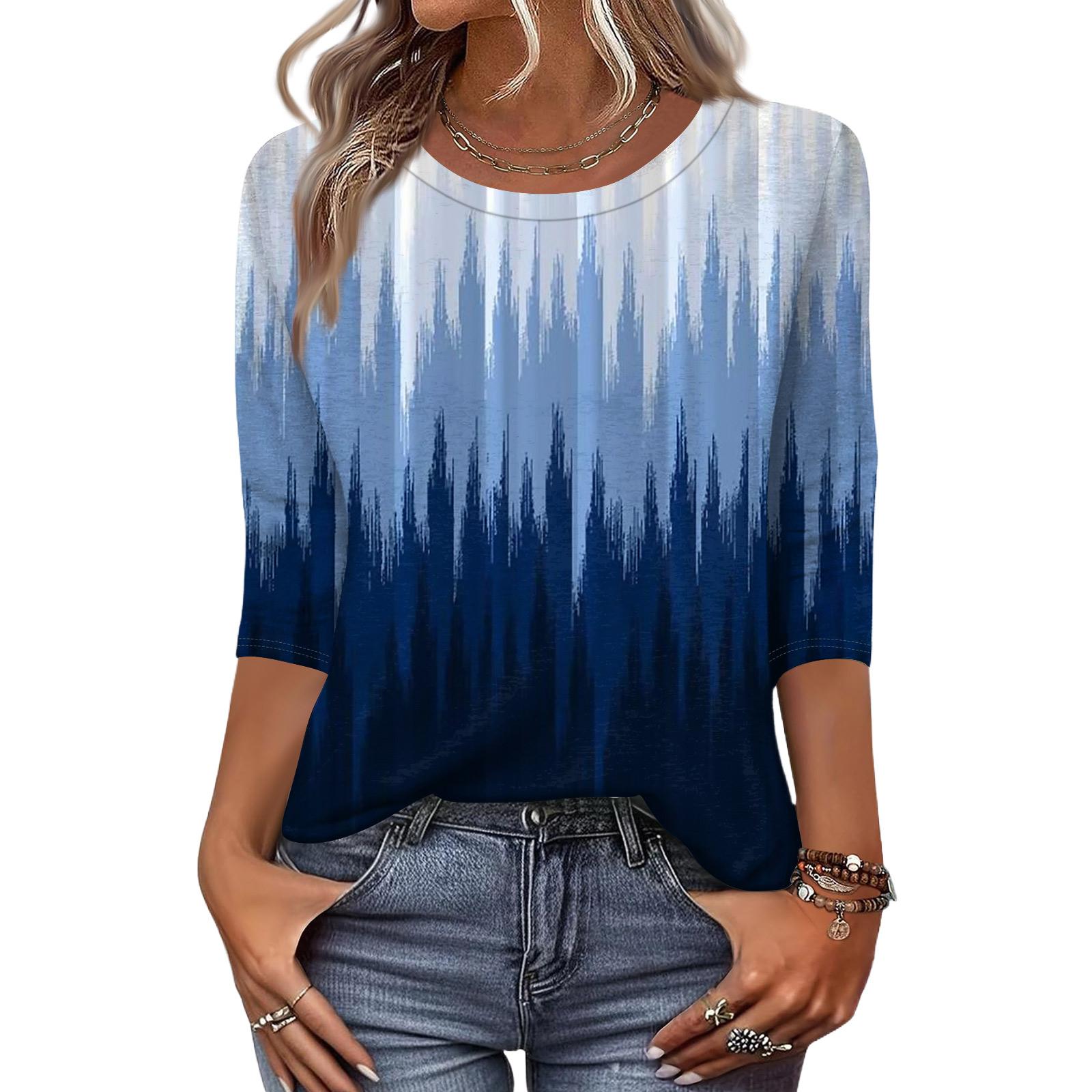 

Women s Fashion Casual Three-Quarter Sleeve Floral Print Round Neck Top XL небесно-голубой