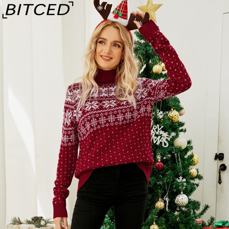 BITCED Autumn/Winter Jacquard Pullover Red Turtleneck Christmas Sweater Snowflake Knit Base Layer