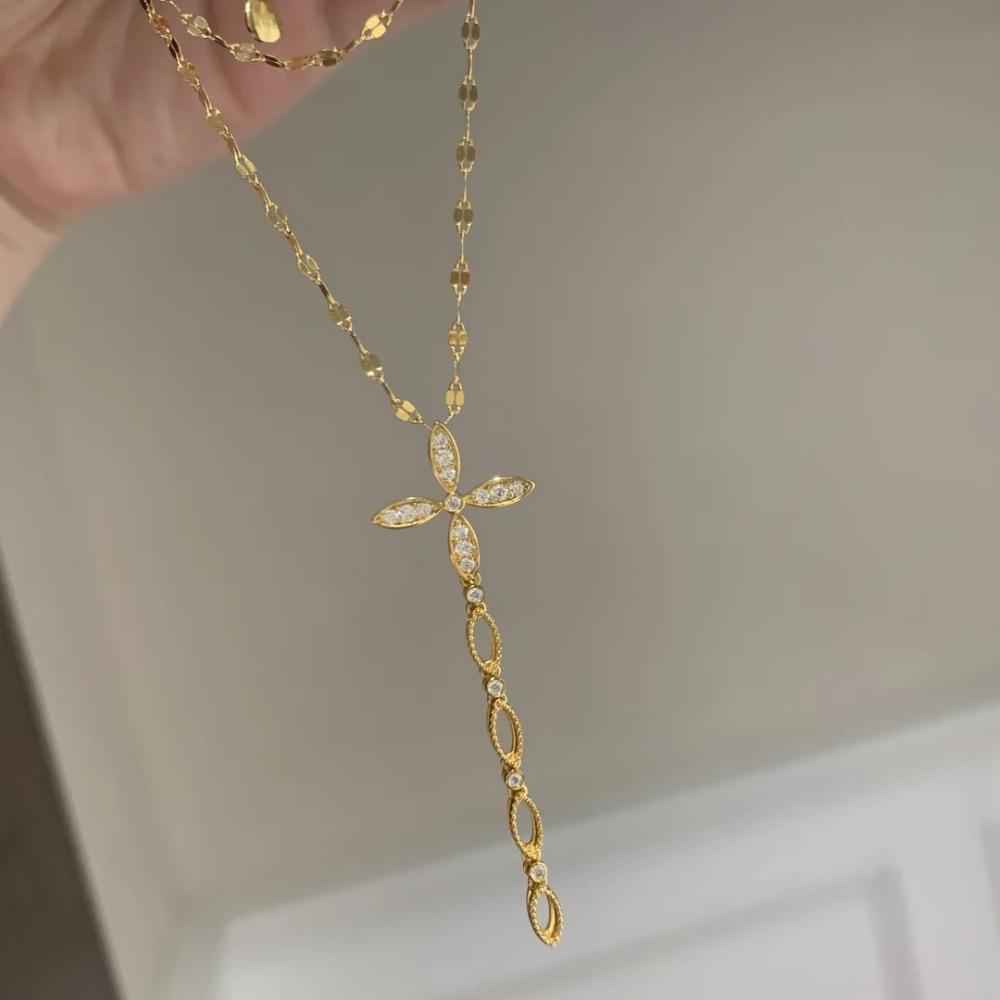 Luxury Vintage Star Compass Necklace Sparkling Full Diamond Fish Scale Layered Cross Tassel Collarbone Chain for Women