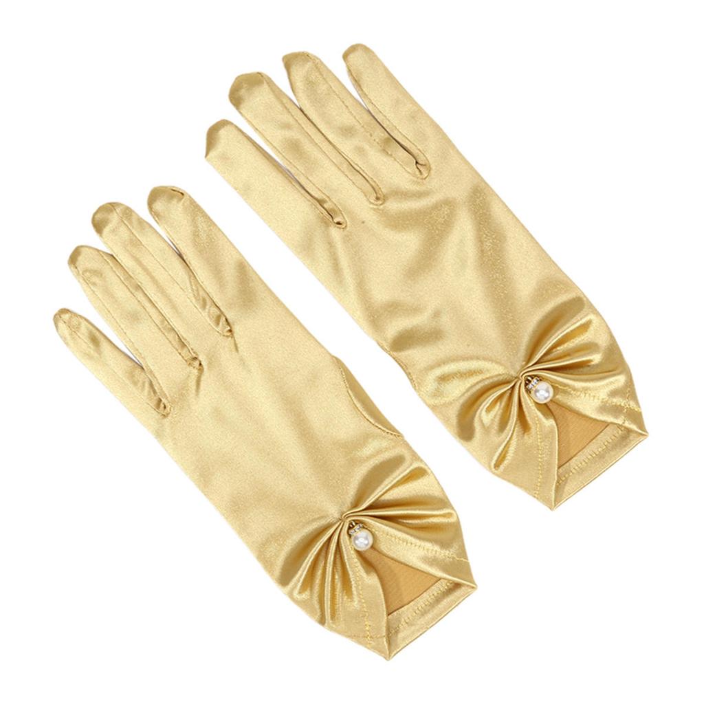 Women Elegant Satin Short Mittens Faux Pearl Pendant Decoration Solid Color Etiquette Gloves Dinner Party Opera Wedding Stage Performance