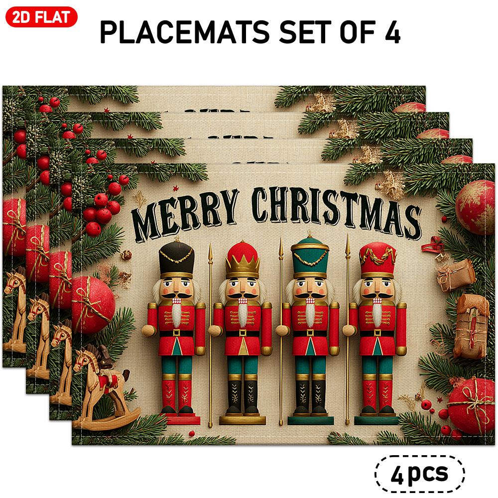 4/6pcs Christmas Theme Placemats, Nutcracker Soldier with "MERRY CHRISTMAS" Pattern, Featuring Pine Branches, Red Berries, Christmas Balls, and Gift B