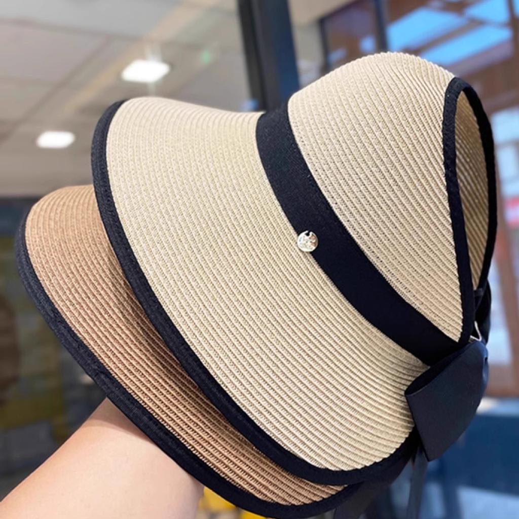 Women's Summer Straw Sun Hat, Wide Brim Foldable Beach Cap with Open Top Design for Outdoor Use, New Style, Sun Protection