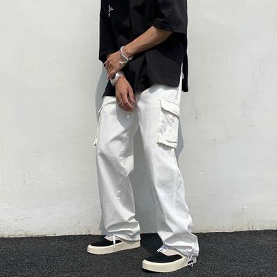 Men Cargo Pants Hip Hop Style Multi Pockets Wide Leg Loose Solid Color Mid Waist Straight Leg Soft Breathable Streetwear Men Long Trousers
