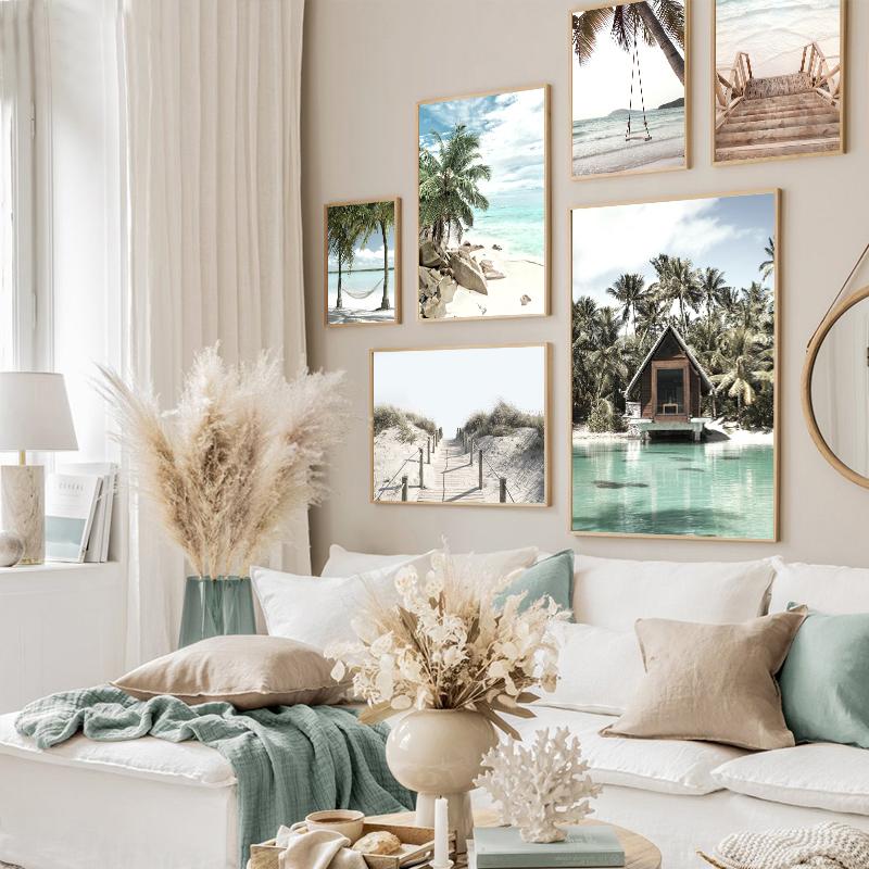 Spiaggia tropicale oceano palma foglie di banano poster su tela vacanza chalet scale stampa immagine estate paesaggio marino casa pittura