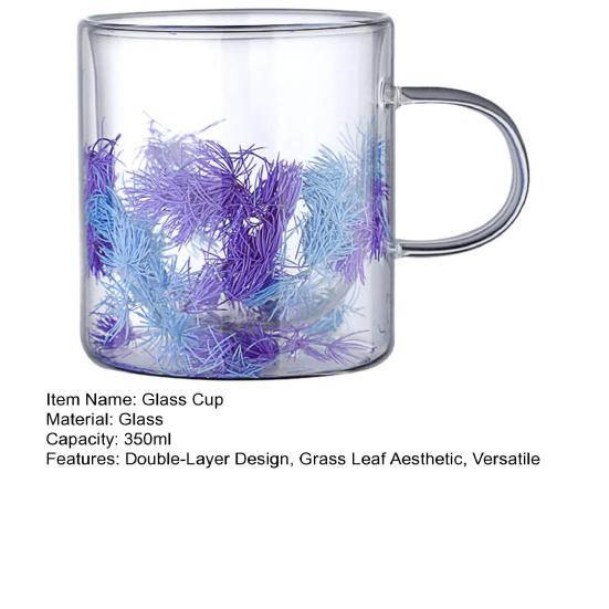 Szklanka 350 ml ze ścianką podwójną, szkło borokrzemowe, kubek do kawy, odporna na ciepło, odporna na zimno, kubek do herbaty z gradientem liści trawy, bezpieczna w kontakcie z żywnością, szklanka do picia