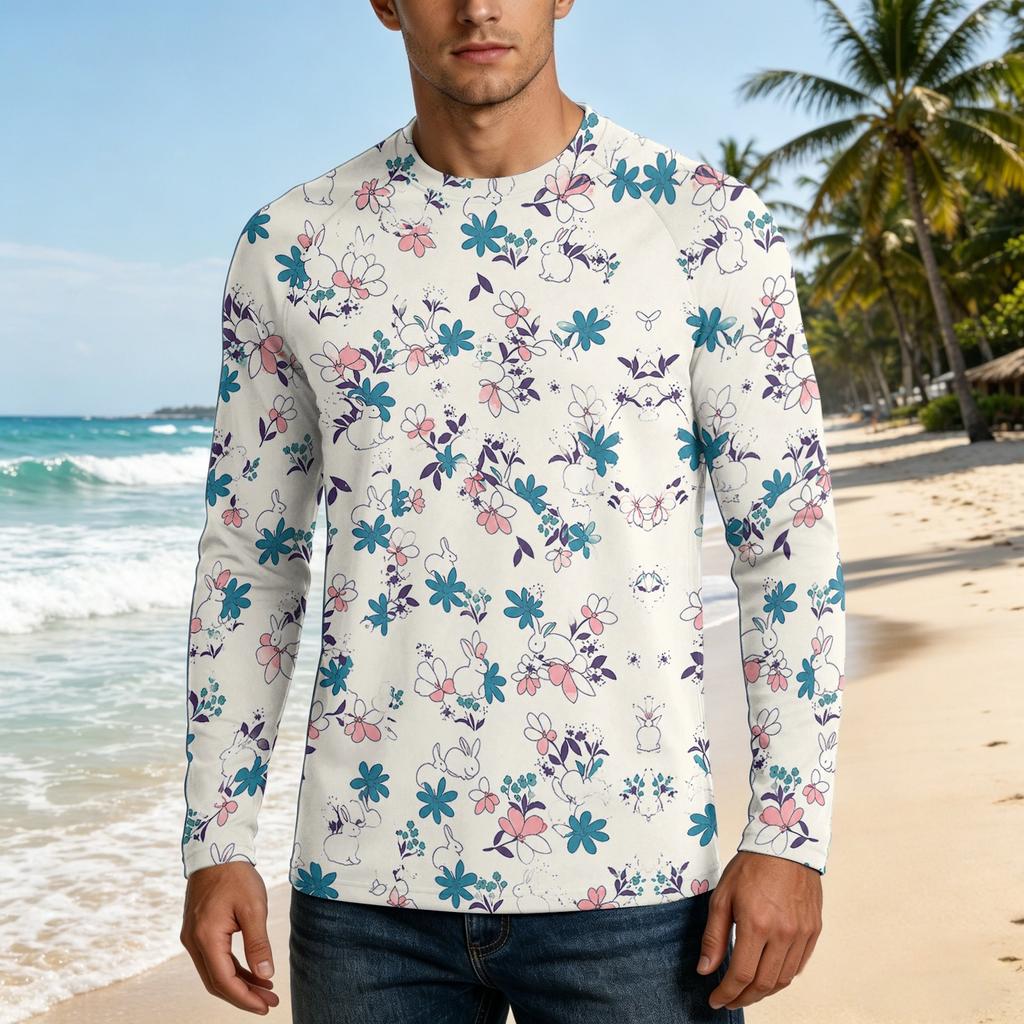 Men Long Sleeve UPF50 Plus Sun Protection Shirt UV Blocking Outdoor Sports Fishing Casual Top Floral Print Lightweight Fabric
