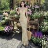 Holiday Style Sexy V-neck Floral Suspender Dress Women's Summer Backless Slim Waist Hip Fish Tail Long Skirt
