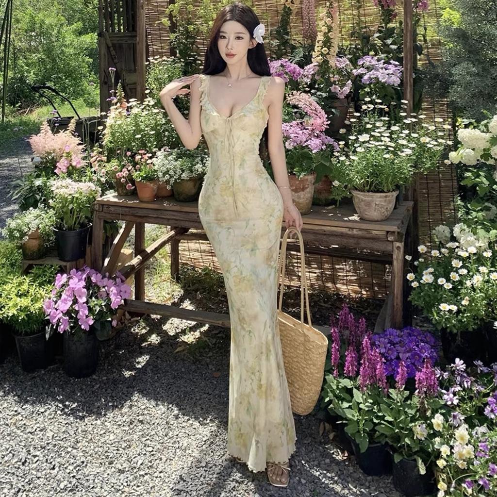 Holiday Style Sexy V-neck Floral Suspender Dress Women's Summer Backless Slim Waist Hip Fish Tail Long Skirt