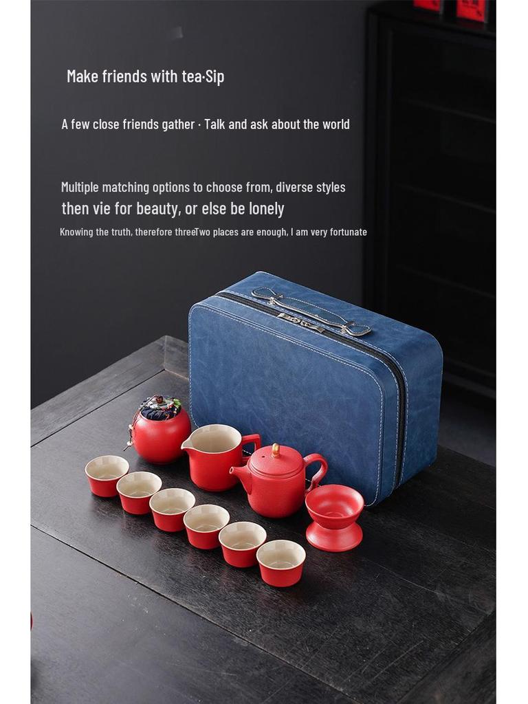 High-End Portable Ceramic Tea Set with Teapot, Teacups, and Tray for Household or Outdoor Use