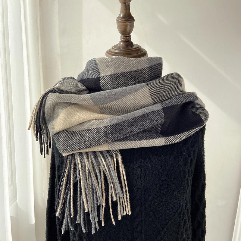 Large Plaid Scarf Women's Autumn and Winter New Imitation Cashmere Shawl Retro Fringed Couple Scarf
