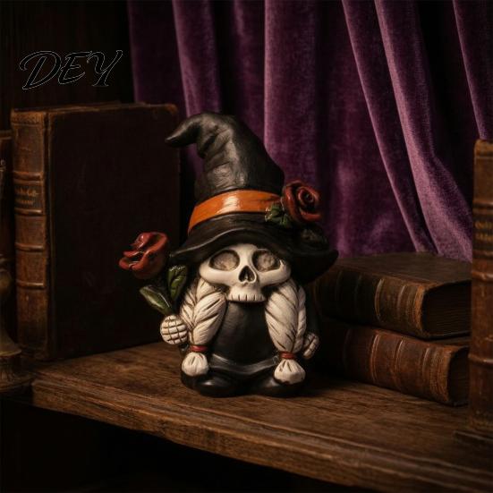 Wizard Hat Gnome Statue Halloween Skeleton Figurine, Gothic Witch Dwarf Statue, Figurine Holding Rose Sculpture for Party Decoration Hand Painted