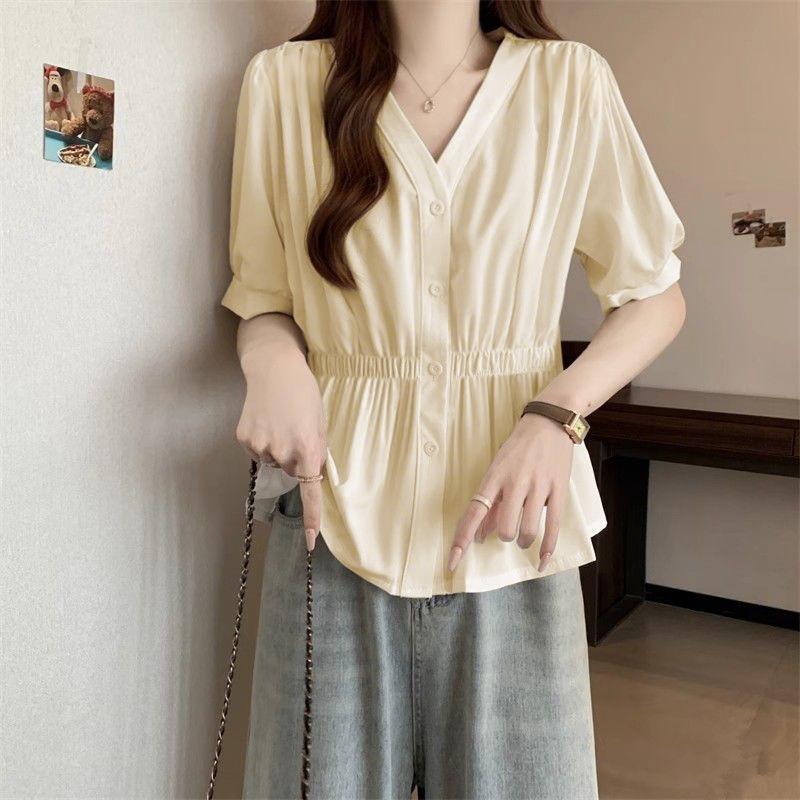 Women Light Blue V Neck Puff Sleeve Elastic Waist Peplum Button Down Casual Blouse
