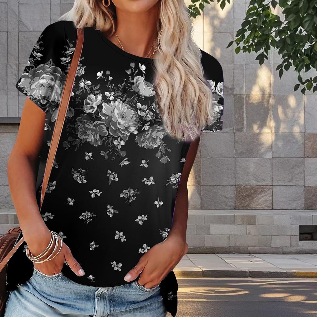 Damen Sommer T-Shirt Blumendruck Retro Mode Kurzarm T-Shirts Casual Printed Tops
