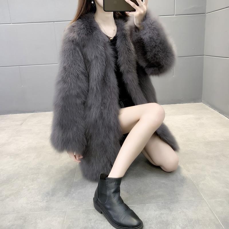 Womens Faux Fox Fur Coat Mid-Length V-Neck Slim Fit Winter Parka Rabbit Outerwear