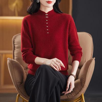 Women's Red Chinese-Style Thick Wool Sweater for Autumn/Winter
