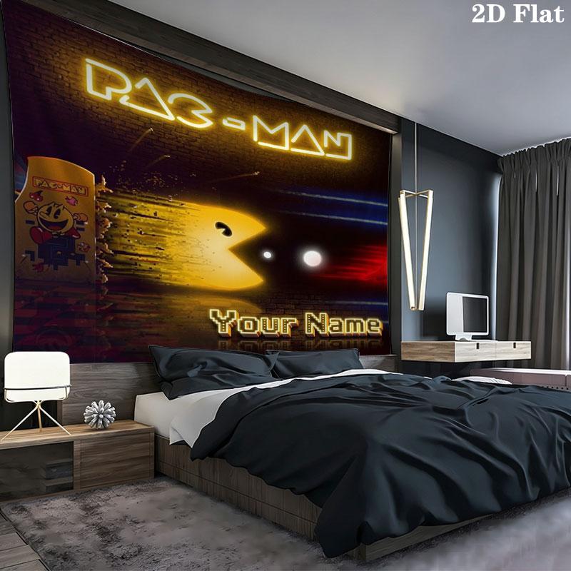 Pac-Man Custom Name Wall Tapestry Aesthetic Wall Hanging Printed Fabric Blanket Decorative Tapestries for Bedroom Living Room Home Decor