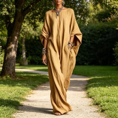 Vestido Longo Feminino de Algodão e Linho Casual Manga Morcego 3/4 Solto Corte A Longo Vestido de Verão para Férias na Praia Vestido de Sol com Bolsos