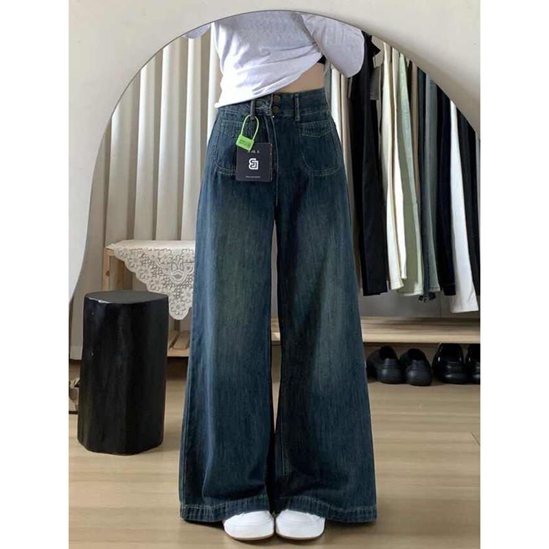 

Plus Size Vintage High-Waist Straight Leg Jeans for Women - Autumn/Winter Loose Wide Leg Floor-Length Pants 4XL