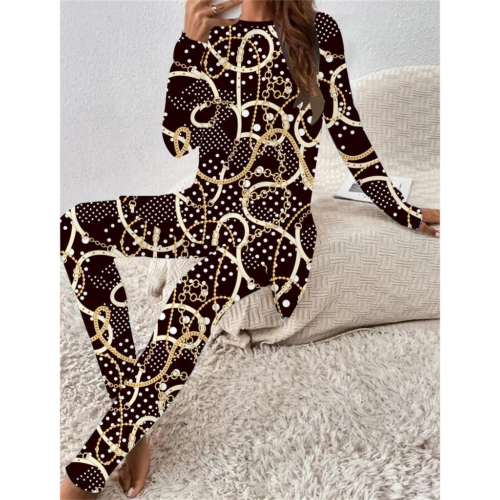Moda Euroamerykańska Druk 3D Marmurkowy Damski Czterosezonowy T-shirt z Długim Rękawem + Długie Spodnie Dwuczęściowy Zestaw. Idealny prezent na Nowy Rok