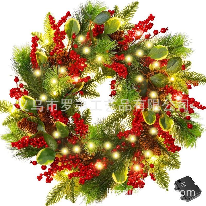 Christmas Decorations Set: LED String Lights Red Poinsettia Flowers Wreath Door Hanging Home Festive Interior