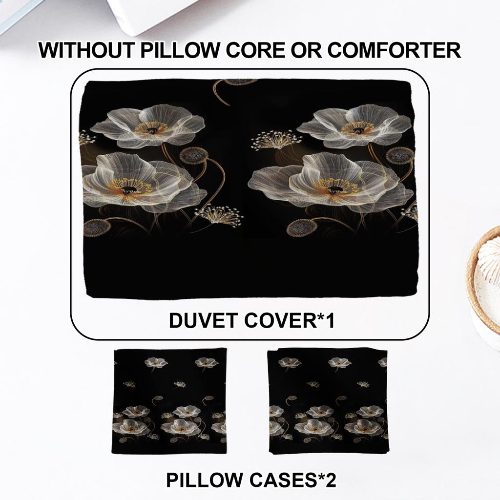 3PCS Black Duvet Cover Set Golden White Flowers Printed Duvet Cover With Pillowcases Single Twin Queen Size Bedding Set for Home