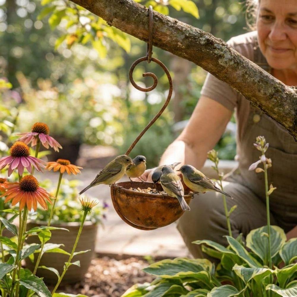 Rusty Metal Hanging Bird Bath Feeder Iron Art Large Capacity Bird Water Bowl Retro Style Rustproof Animals Drinking Cup Garden
