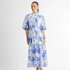 2023 Autumn Stand Collar Puff Sleeve Belted Print Long Dress for Women