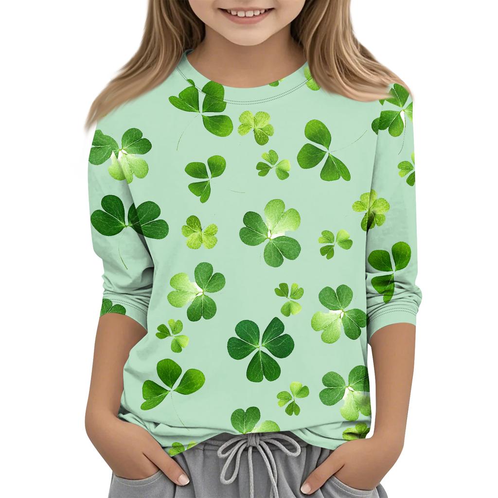 St. Patrick's Day Print Tops For Youth Girls 4-11 Years Round Neck 3/4 Sleeves T-Shirts Trendy Tops Outfit Tees