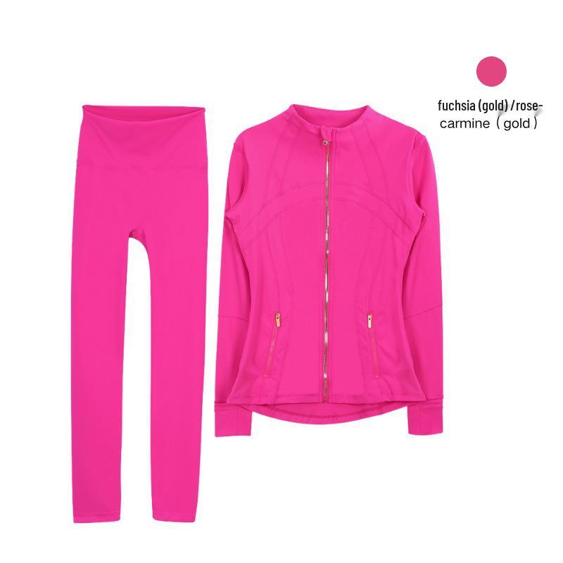 Lulu Original Gold Zipper Stand Collar Jacket & Cropped Yoga Pants Set - Women's Long Sleeve Tight Sports Suit
